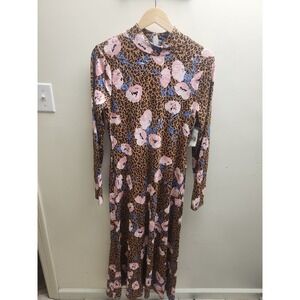 Free People Leopard Floral Mock Neck Midi Dress Camel Combo OB1006400 Womens S